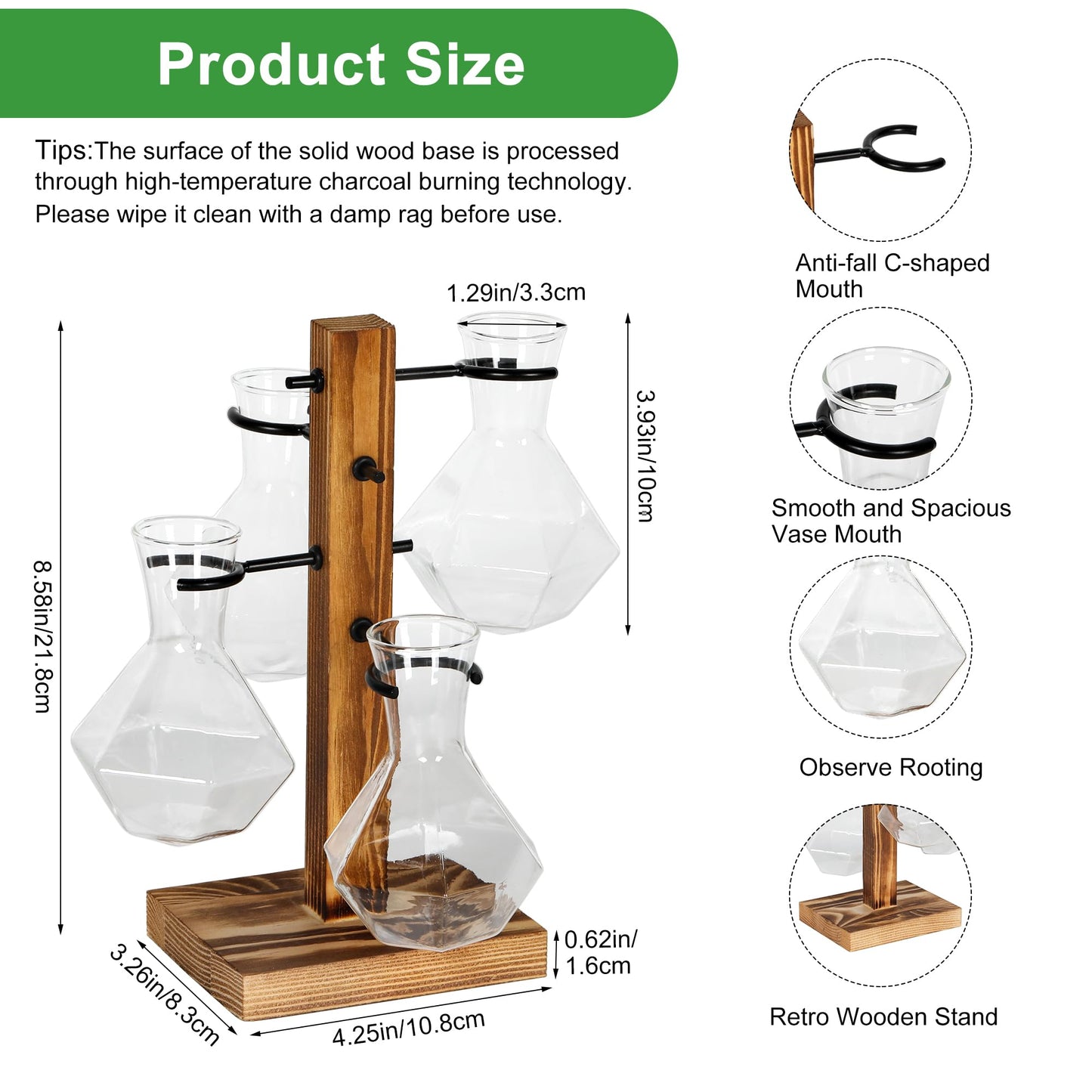 PAG-Mass Planter Terrariums Kit, Desktop Hydroponics Air Planter Holder, Plant Propagation Station with 4 Glass Vase and Solid Wood Stand, Gardening Gift for Women and Plant Lovers
