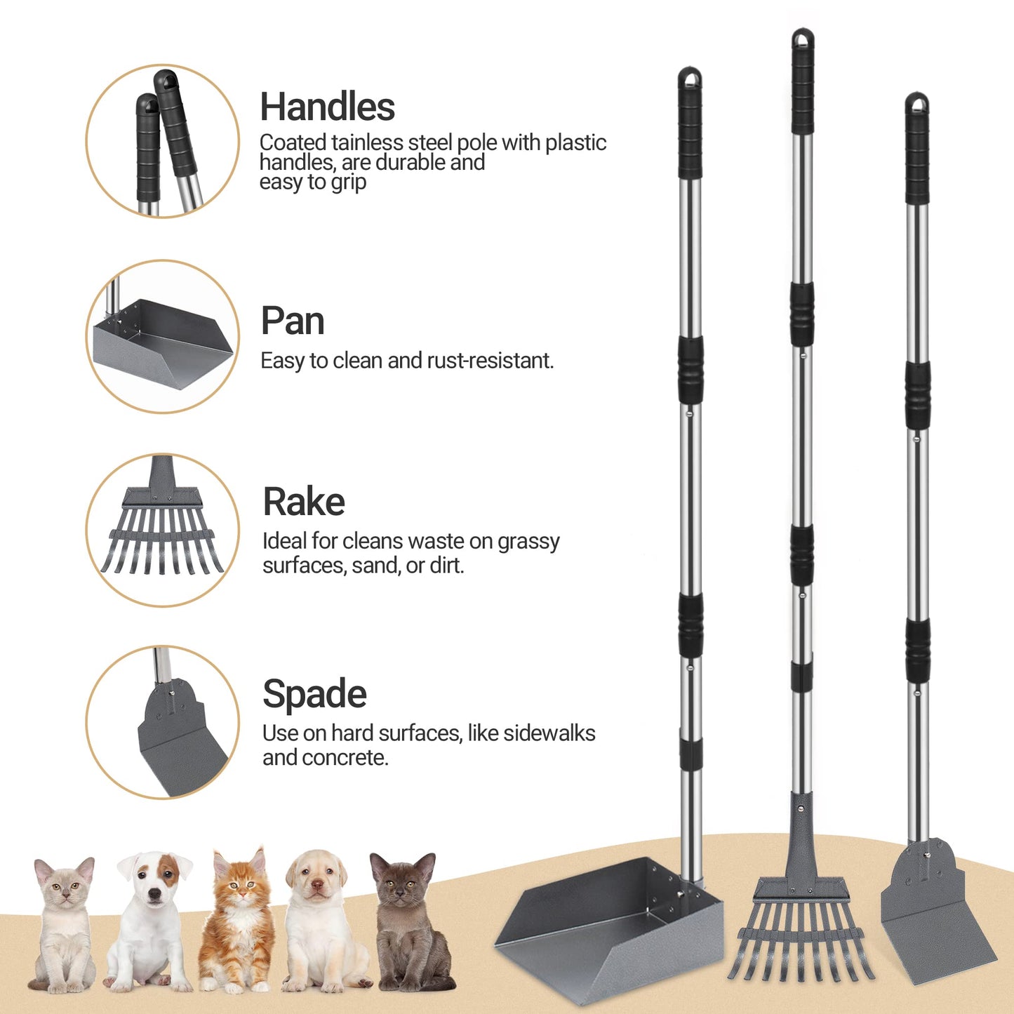 Heeyoo Dog Pooper Scooper, Dog Poop Tray and Rake Set, Pet Waste Removal Scoop with Long Adjustable Sectional Stainless Handles