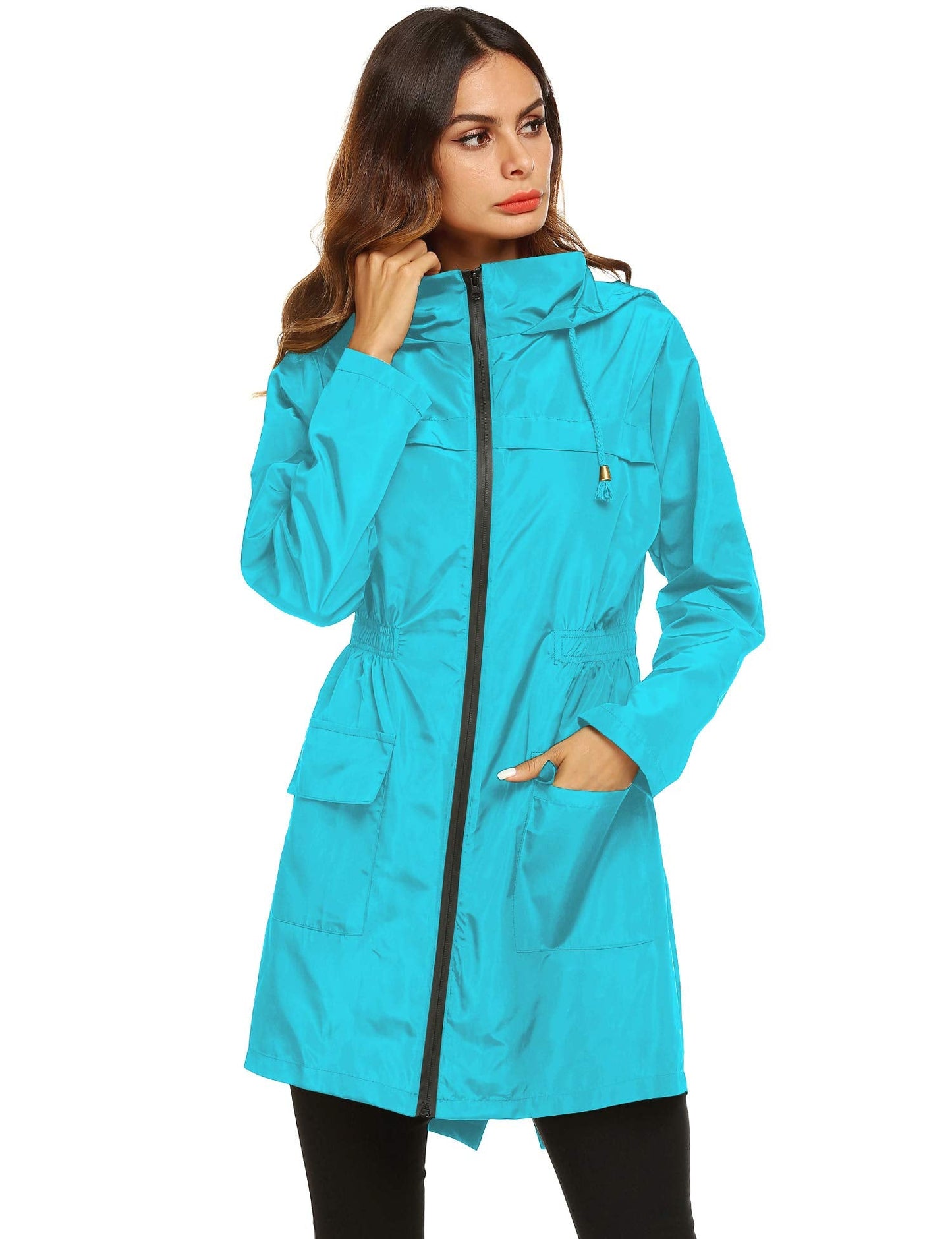 LOMON Women Waterproof Raincoat Hooded Lightweight Windbreaker Outdoor Anorak Jacket Ice blue L
