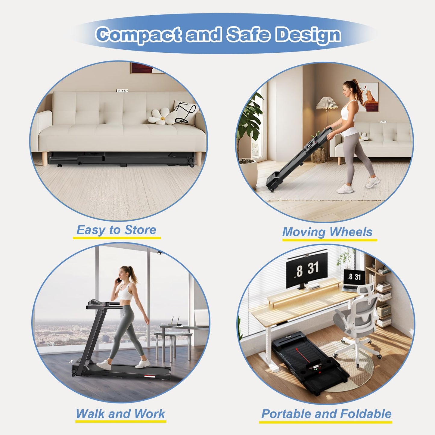 Juturna Treadmills for Home, Walking Pad with Handle Bar, Portable Foldable Treadmill, 3.0 HP Walking Pad with 300 LBS Capacity, Folding Treadmill with LED Display