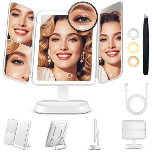 Lighted Makeup Mirror with 30X/10X/5X Magnification, Detachable Design for Travel, Rechargeable Trifold Mirror with 3 Color& Adjustable Brightness, Portable Makeup Mirror with Lights for Desk