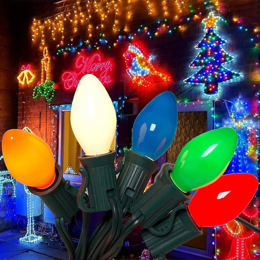 C7 Ceramic Multicolor Christmas Lights,25Ft Multicolor Christmas String Lights with 27 Colorful Ceramic Bulbs(Plus 2 Extra Bulbs), E12 Base, Christmas Tree Patio Holiday Decorations-Green