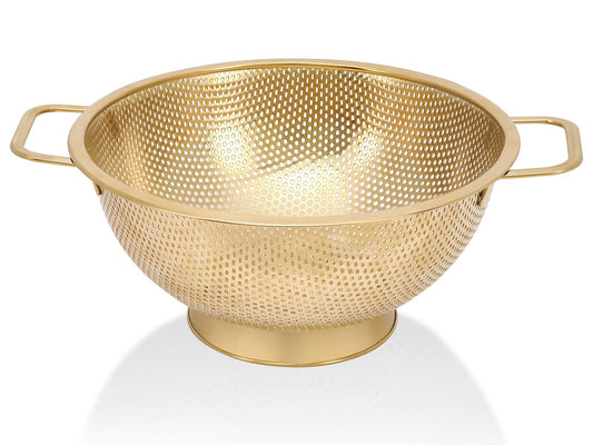 Gold Strainer for Kitchen, 3QT, Stainless Steel Colander with Handle for Fruits Vegetables Cooking Food, Dishwasher Safe