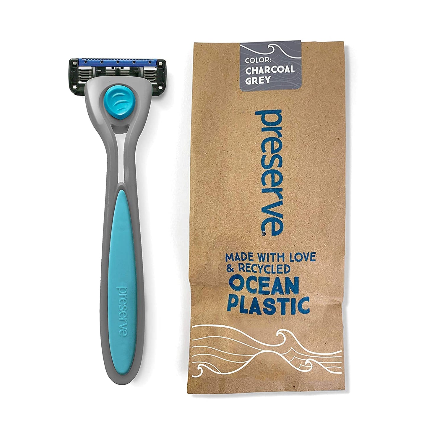Preserve POPi Shave 5 Razor System Made with Recycled Ocean Plastic and 5-blade cartridge, Neptune Green
