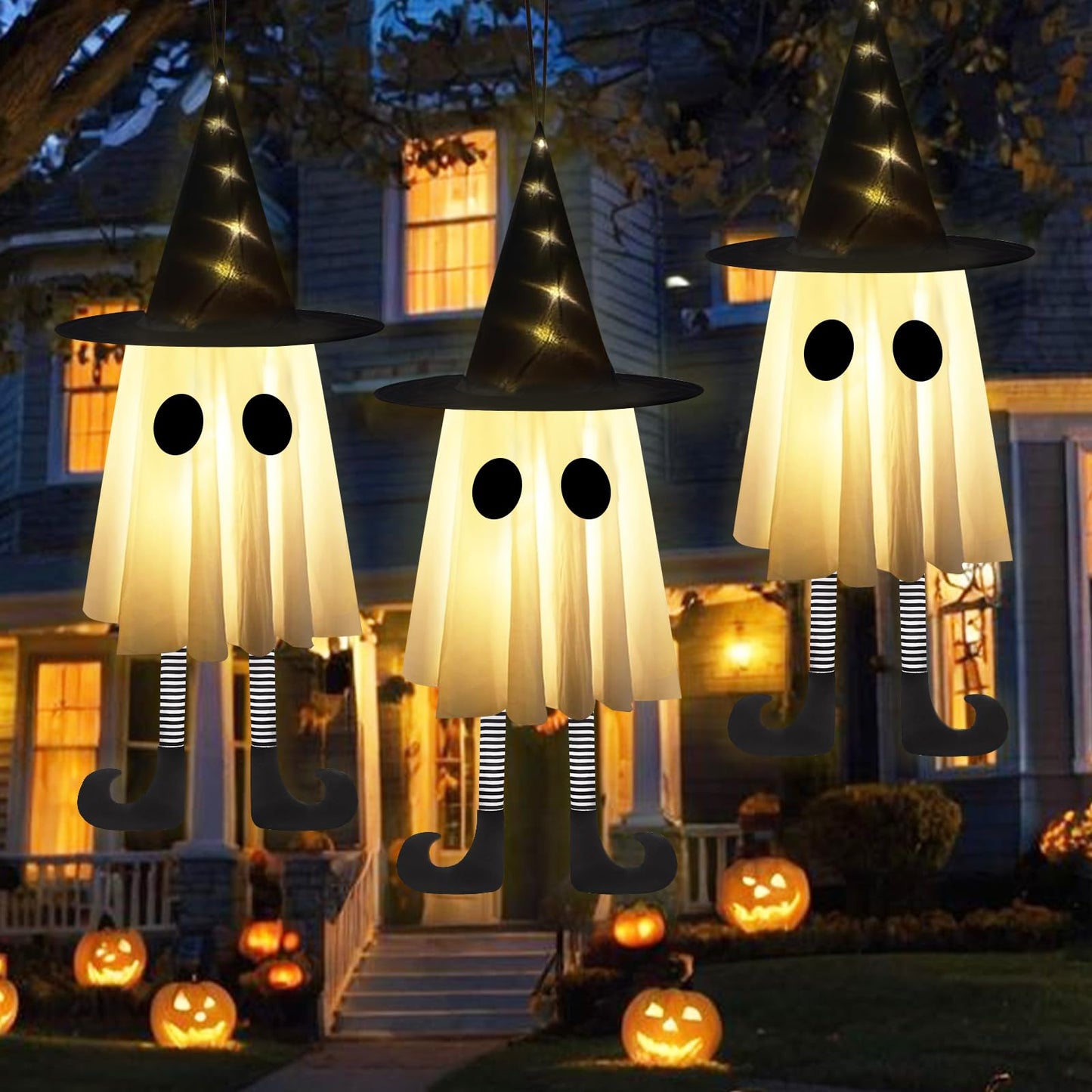 YUJUN 3 Packs Halloween Hanging Ghosts Decorations,Halloween Outdoor Indoor Witch Hat Glowing Ghost Lights Decor for Yard Patio Garden Tree Outside