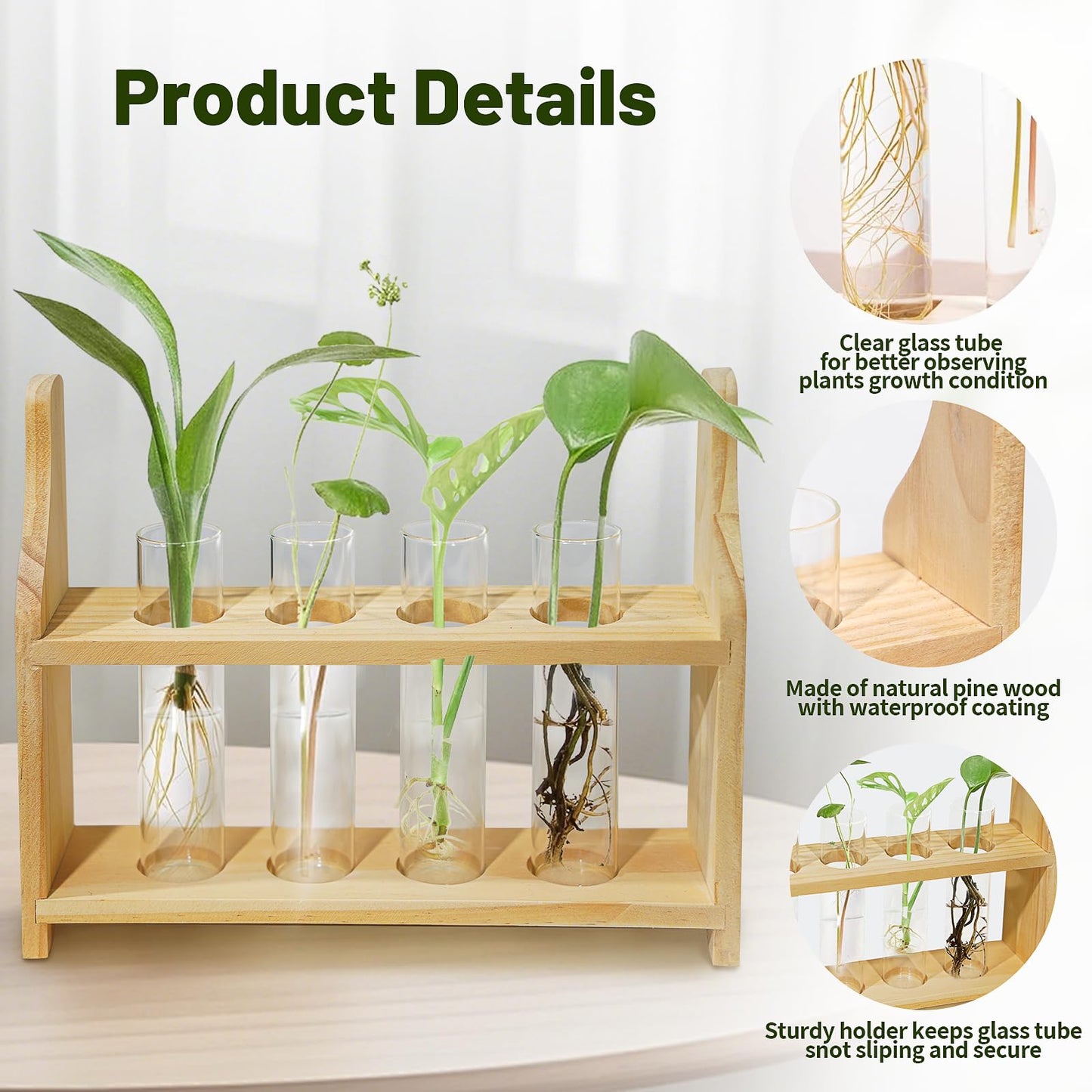 Plant Propagation Station Glass Container for Plants with Wooden Rack Hydroponic Planter, Small Birthday Gardening Gift for Female Moms and Plant Lovers (XXL)