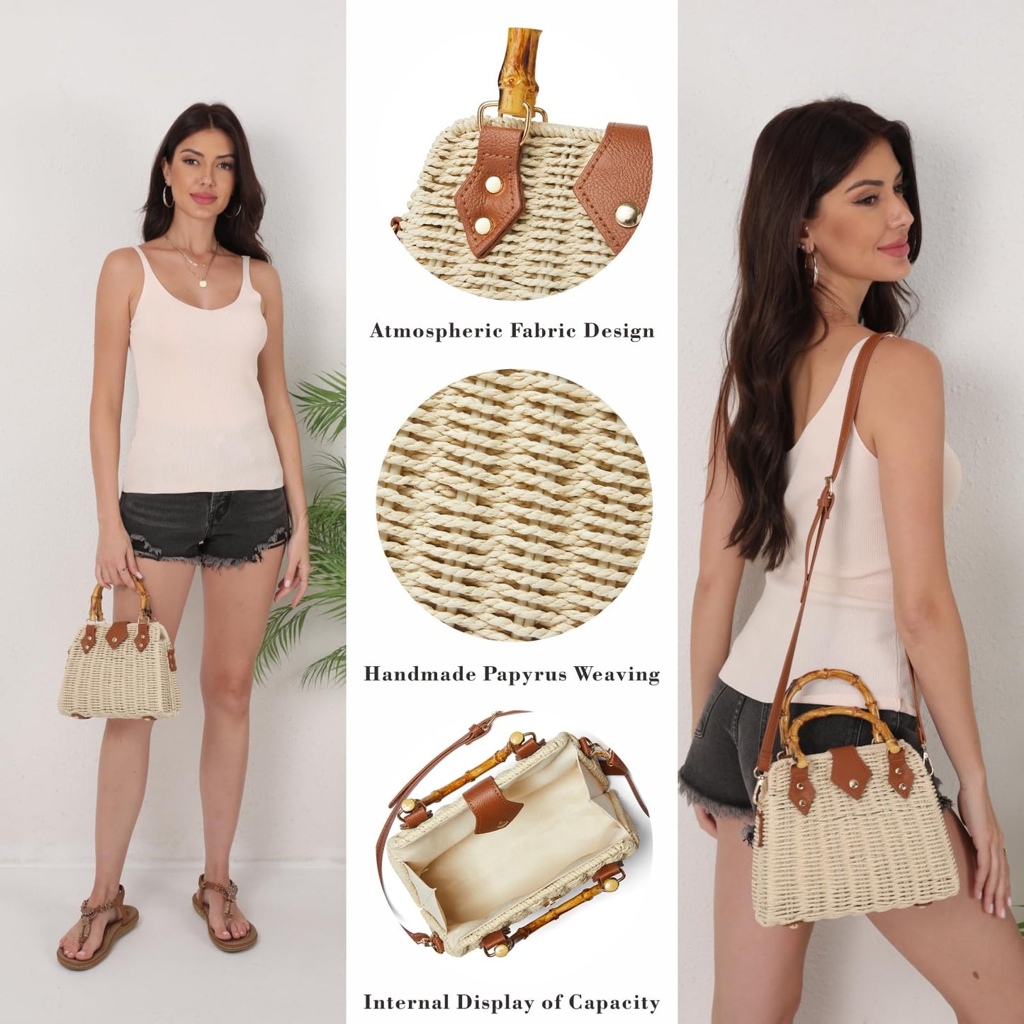 Woven Straw Handbag Beach Bag with Bamboo Handle, Brown Leather Trim, Crossbody and Adjustable Strap, Natural (beige)