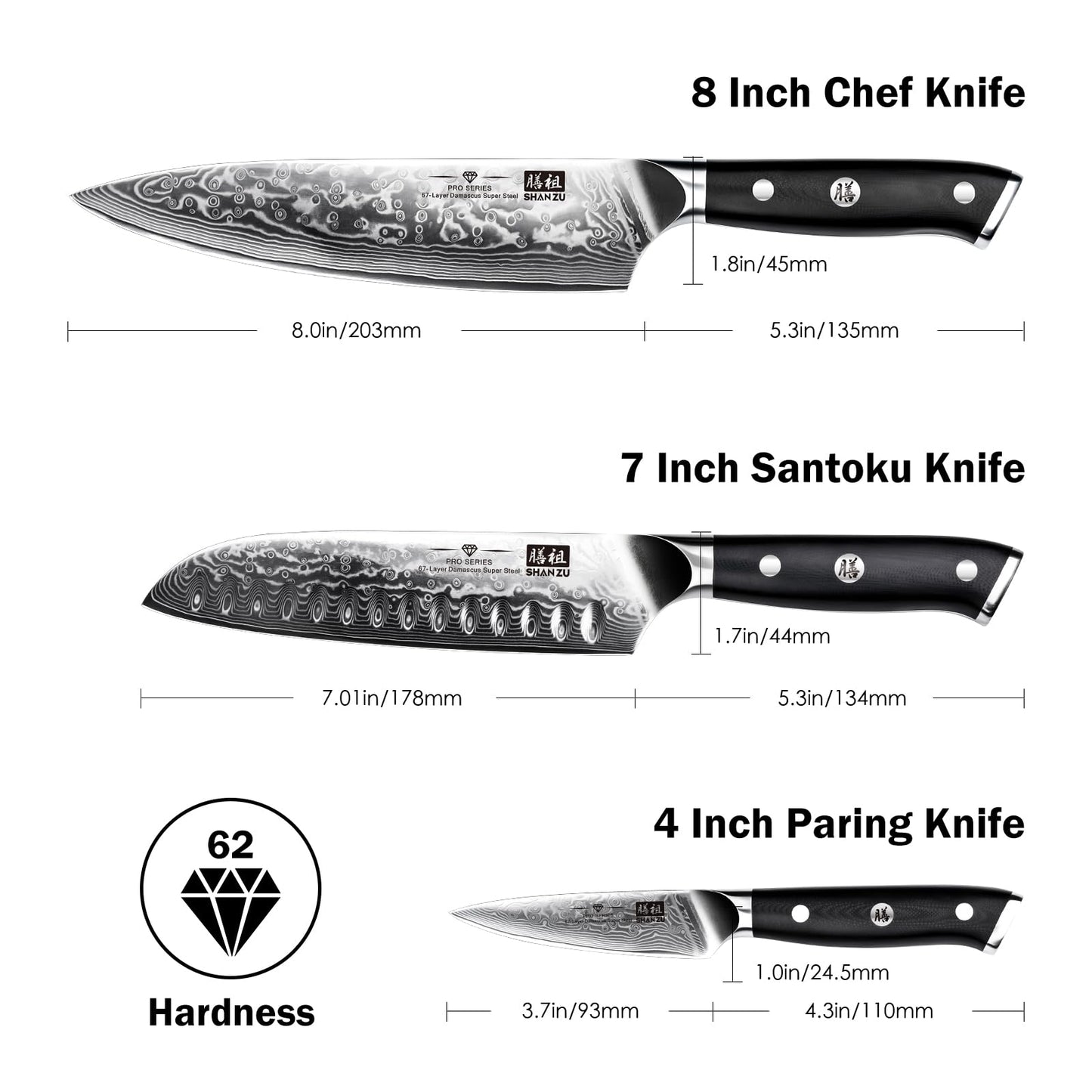 SHAN ZU Damascus Knife Set, Japanese Super Steel 3 PCS Damascus High Carbon Professional Ultra-Sharp Kitchen Chef Knife Set with G10 Handle Gift Box