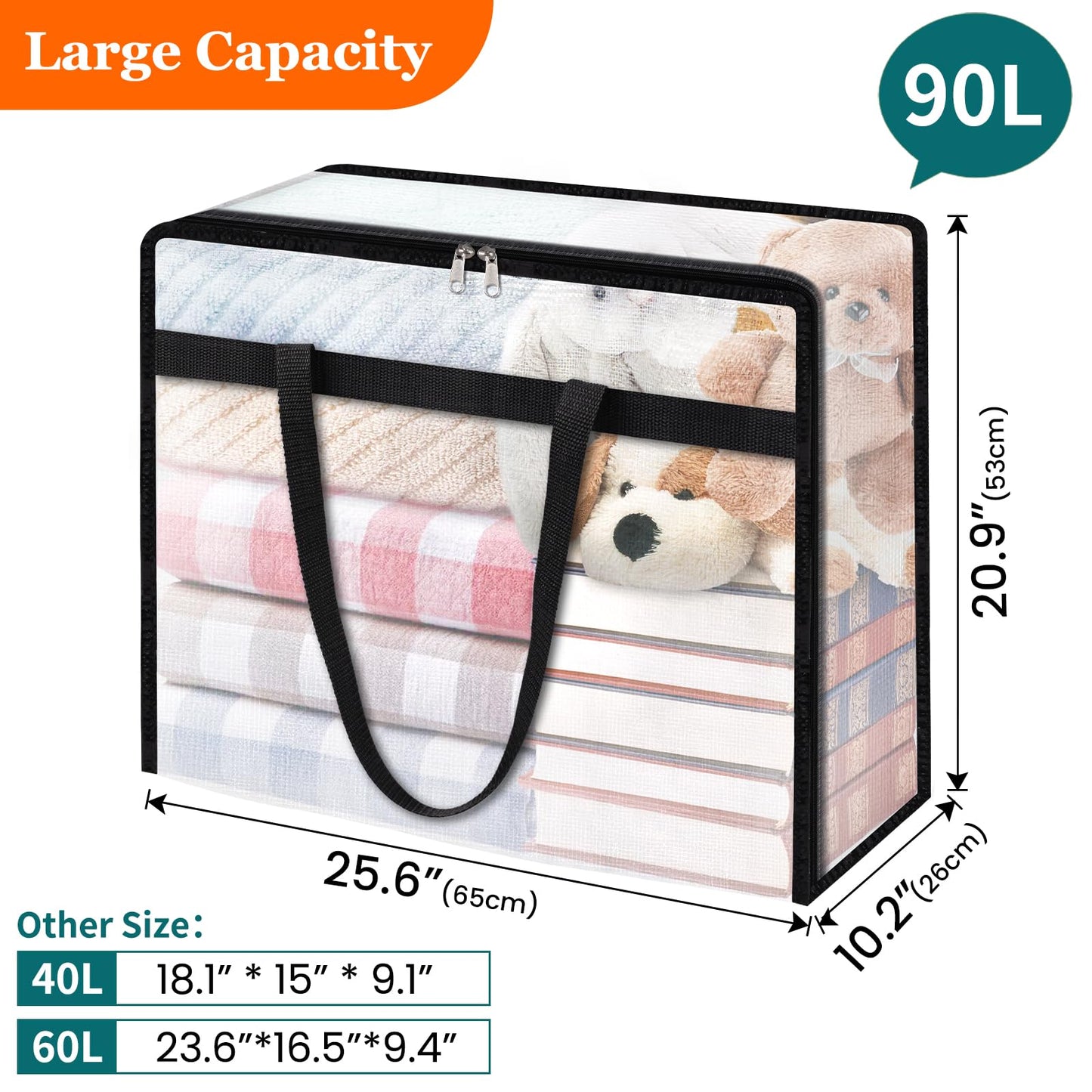 TasticTotes 6 Pack Clear Storage Bags for Comforter, Clothes & Bedding, Plastic Blanket Storage with Zipper and Handle, Moving Bags, Closet Organizer and Under-Bed Storage (90L)