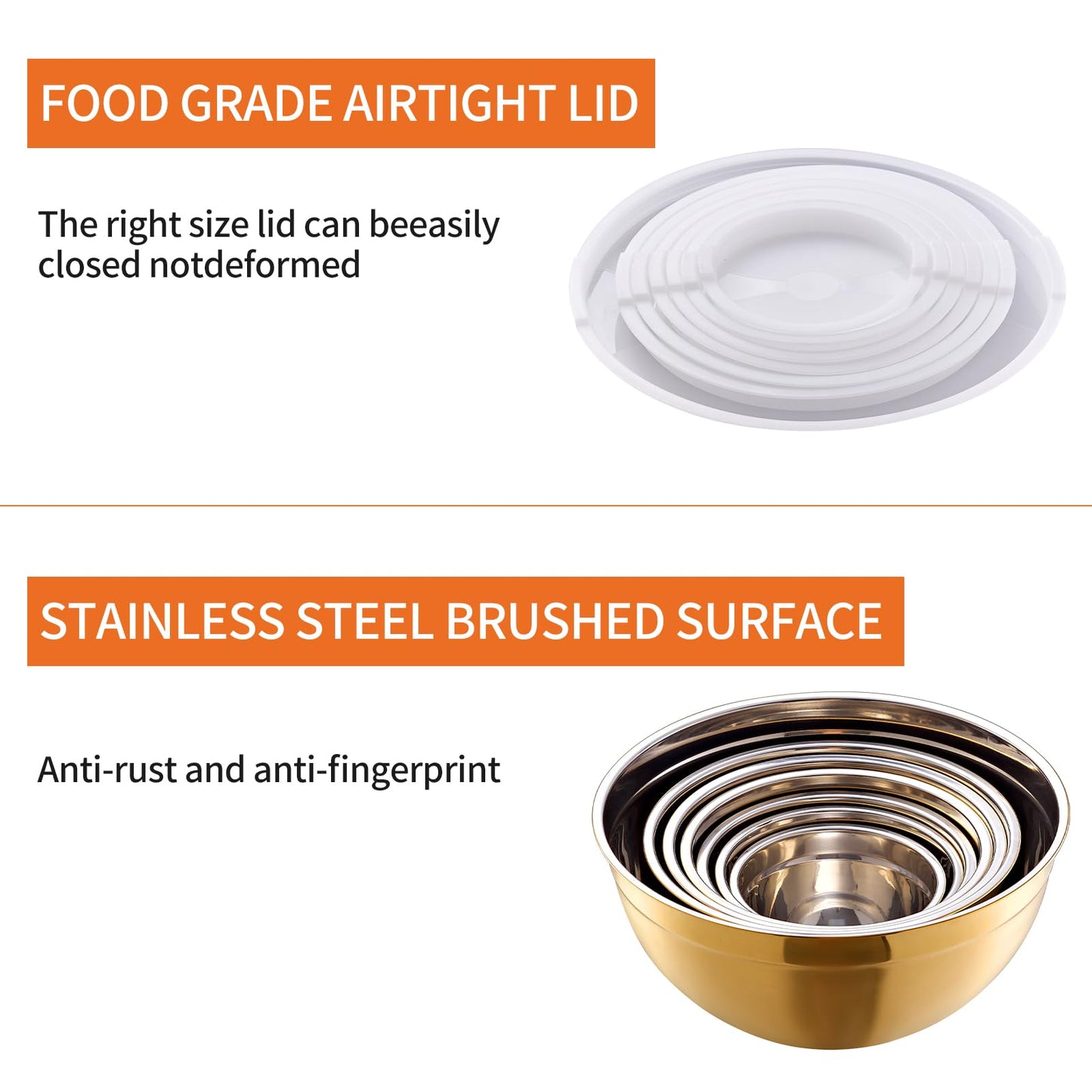 Moxinox Gold Mixing Bowls with Airtight Lids, Stainless Steel Nesting Mixing Bowls Set of 7, Ideal for Baking, Prepping and Serving Food, Size 7, 3.6, 2.7, 2.1, 1.5, 1.1,0.8 QT, Stackable Design