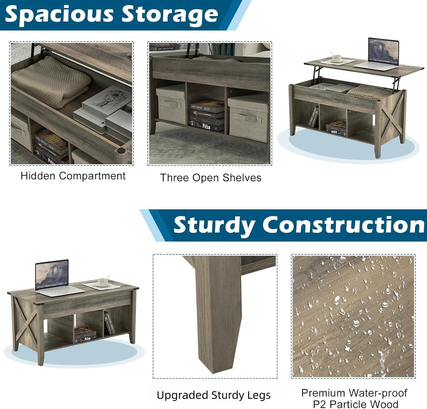 VINGLI Farmhouse Lift Top Coffee Table, Rustic Grey with Storage Shelf/Hidden Compartment, Mesa De Centro para Sala