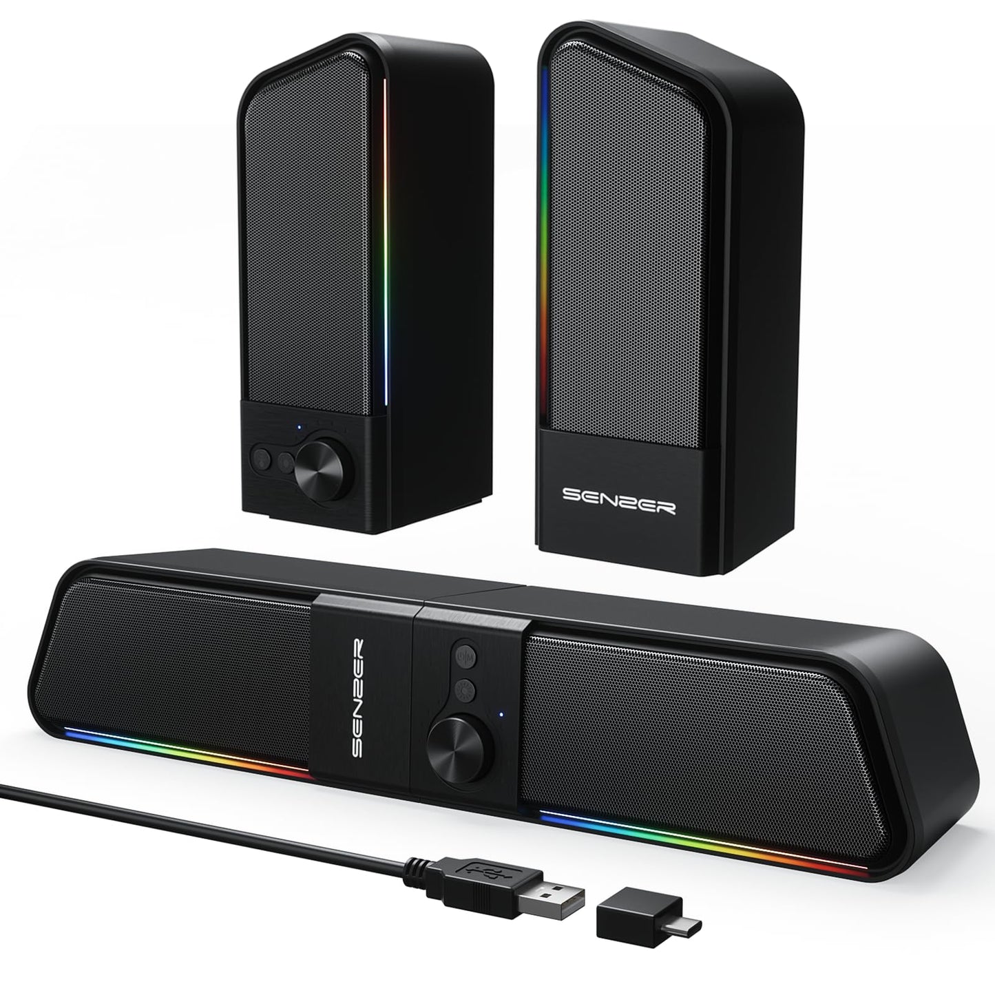 SENZER CS20 2 in 1 Bluetooth Computer Speakers for Desktop, USB Plug & Play Clear Sound PC Speakers with RGB Light, Monitor Sound Bar with Volume Knob, Gaming Speaker for PC Laptop Phone Tablet
