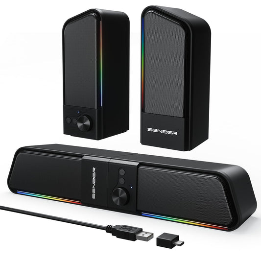 SENZER CS20 2 in 1 Bluetooth Computer Speakers for Desktop, USB Plug & Play Clear Sound PC Speakers with RGB Light, Monitor Sound Bar with Volume Knob, Gaming Speaker for PC Laptop Phone Tablet