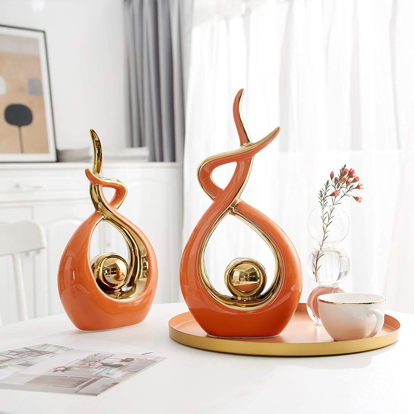 FJS Home Decor Modern Art Ceramic Statue, Orange Coffee Table Decor, Hous Decorations for Living Room Dining Room Table Centerpiece Bookshelf (12.2" H)