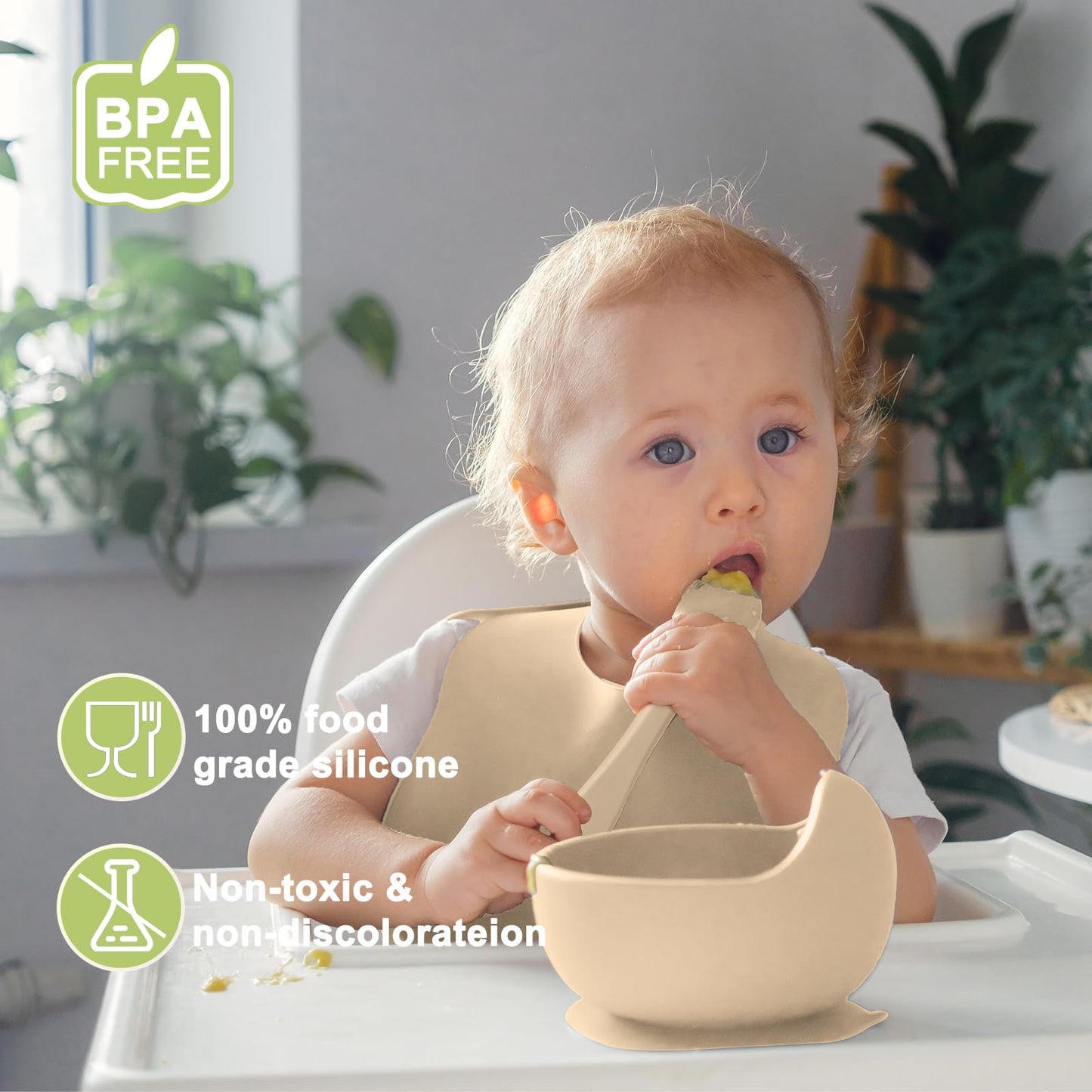 Munlinder Silicone Baby Feeding Set | Baby Led Weaning Supplies Includes Suction Bowls and Divided Plates, Adjustable Bib, Baby Utensils Spoons and Forks,Cup | Baby Feeding Essentials (Beige)