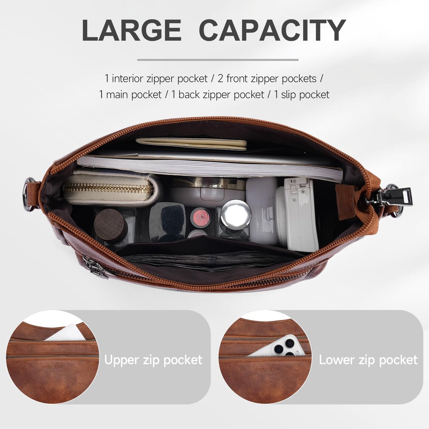 KITEVIUN Crossbody Bags for Women Leather Purse Trendy Multi Pocket Shoulder Handbags with Adjustable Guitar Strap