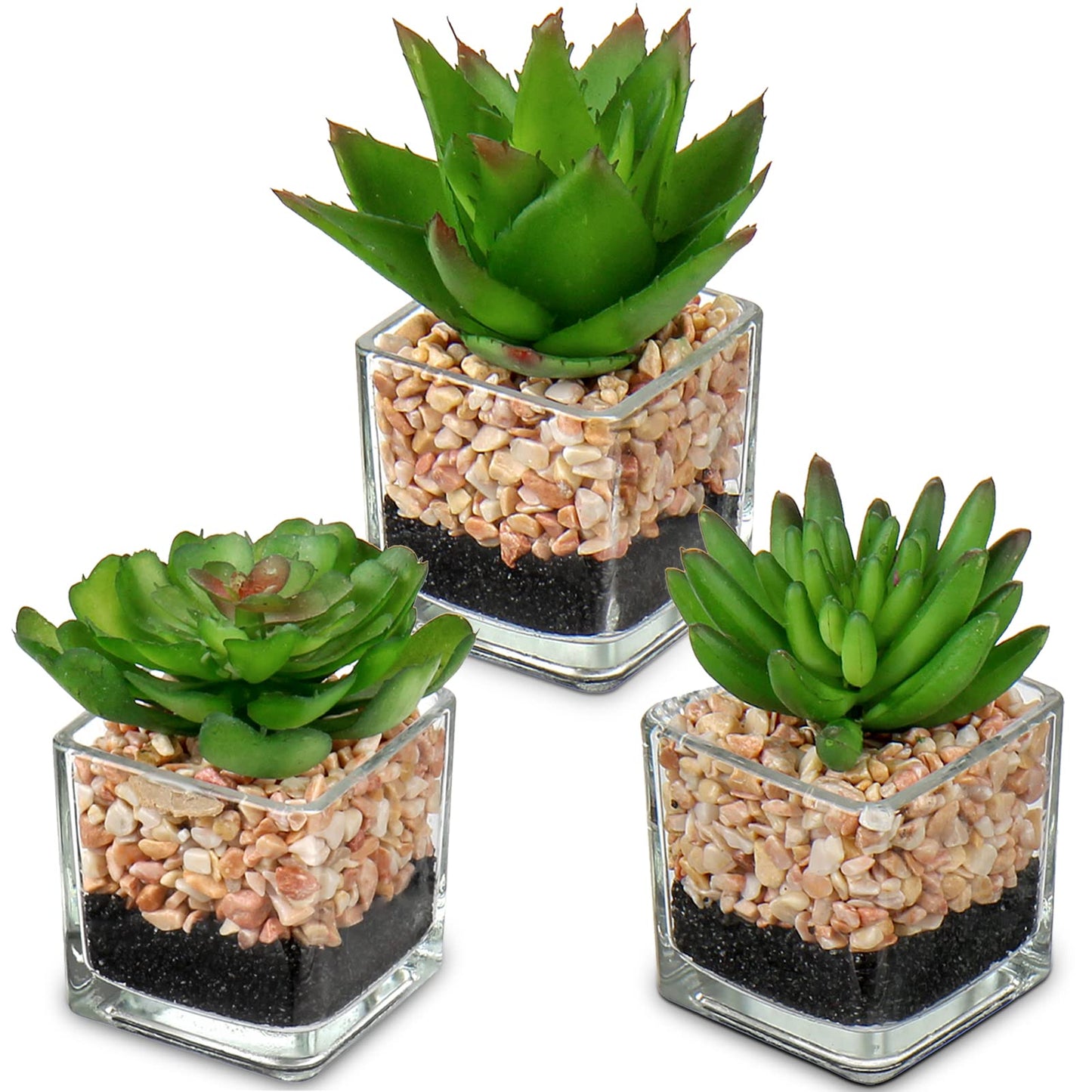 Briful Mini Fake Plants 3 Packs Cute Succulents Artificial Plants in Square Glass Vase Pot Potted Faux Succuletns for Living Room Dining Room Bathroom Kitchen Windowsill Table Decor