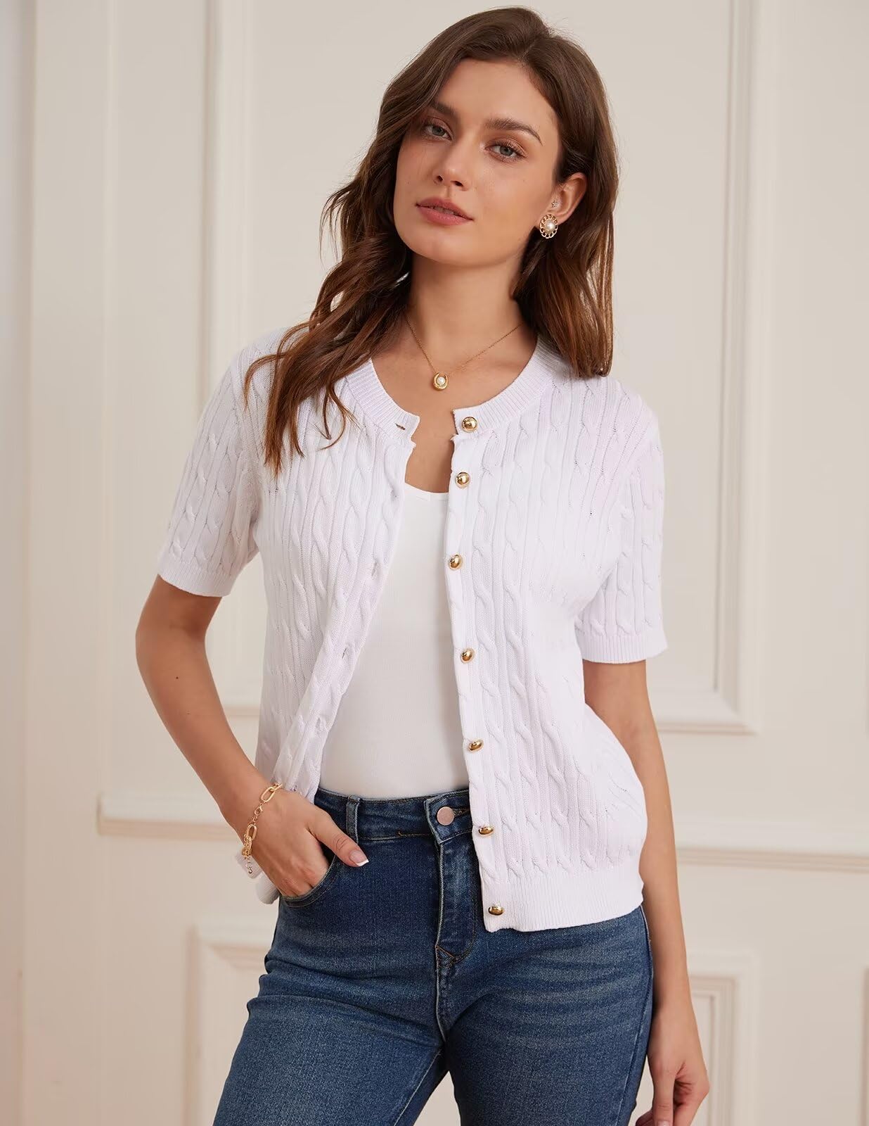 GRACE KARIN Women's Short Sleeve Sweater Cardigan Button Up White Sweater Cable Knit Soft Dressy Cardigan M