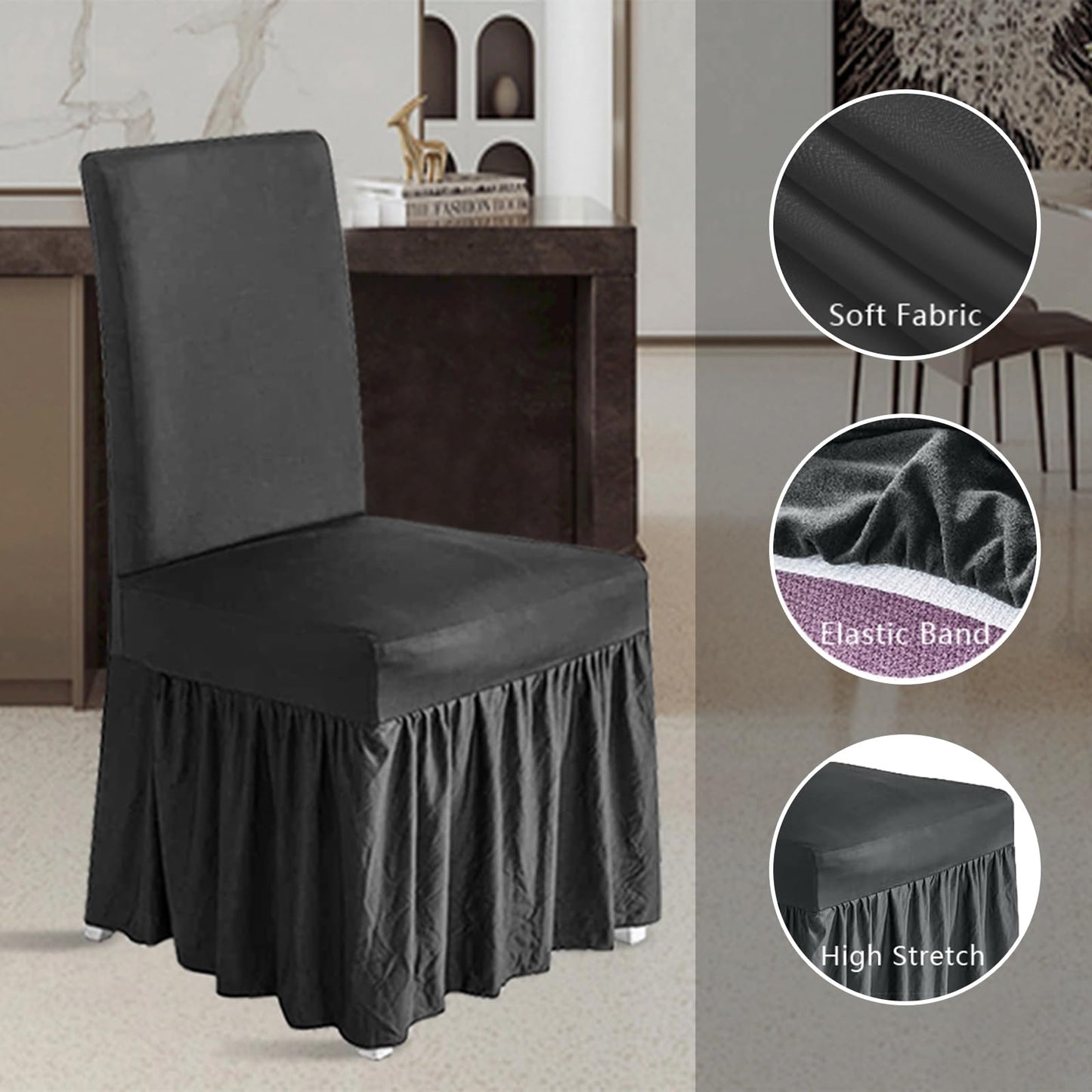 molasofa Chair Covers for Dining Room Set of 4 Stretch Chair Slipcovers with Skirt for Kitchen Seat Protectors Wedding Banquet Decor Kids Pets Spandex Fabric Washable (4pcs, Dark Grey)