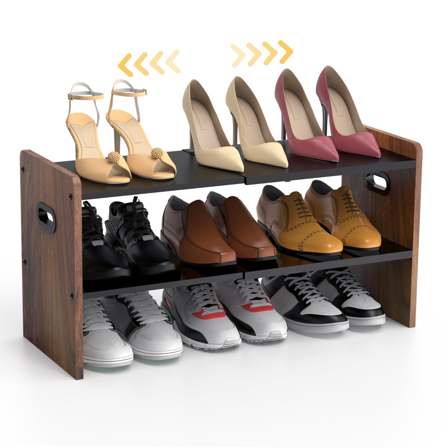 Nicetree Brown Shoe Rack Organizer for Closet, 2-Tier Expandable Metal Wood Shoe Shelf with Adjustable Length and Portable Handle for Garage, Hallway, Entryway