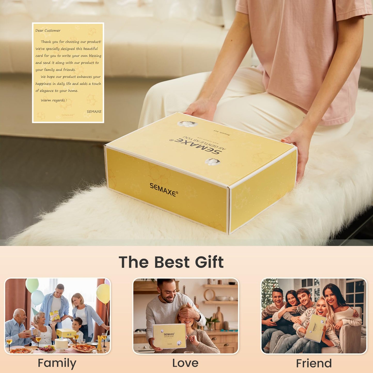 SEMAXE Solid 6-Piece Towel Set, Black, 600GSM 100% Cotton, 2 Each of Bath Towel, Hand Towel, and Washcloths, Gift Box Packaging, Hanging Loop Design