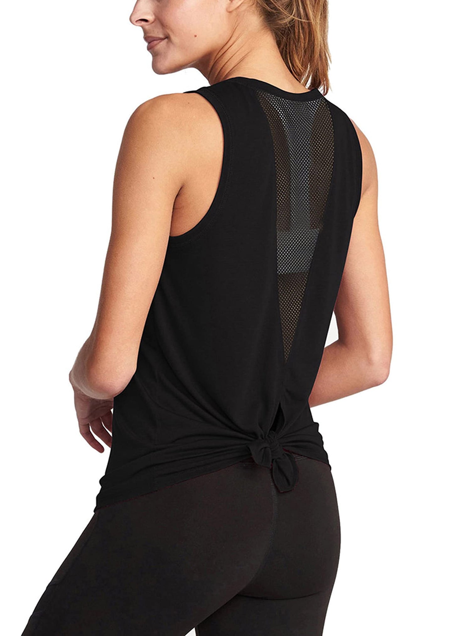 Bestisun Womens Athletic Tanks Tie Back Sports Shirts Mesh Yoga Clothing Exercise Active Tops Black L