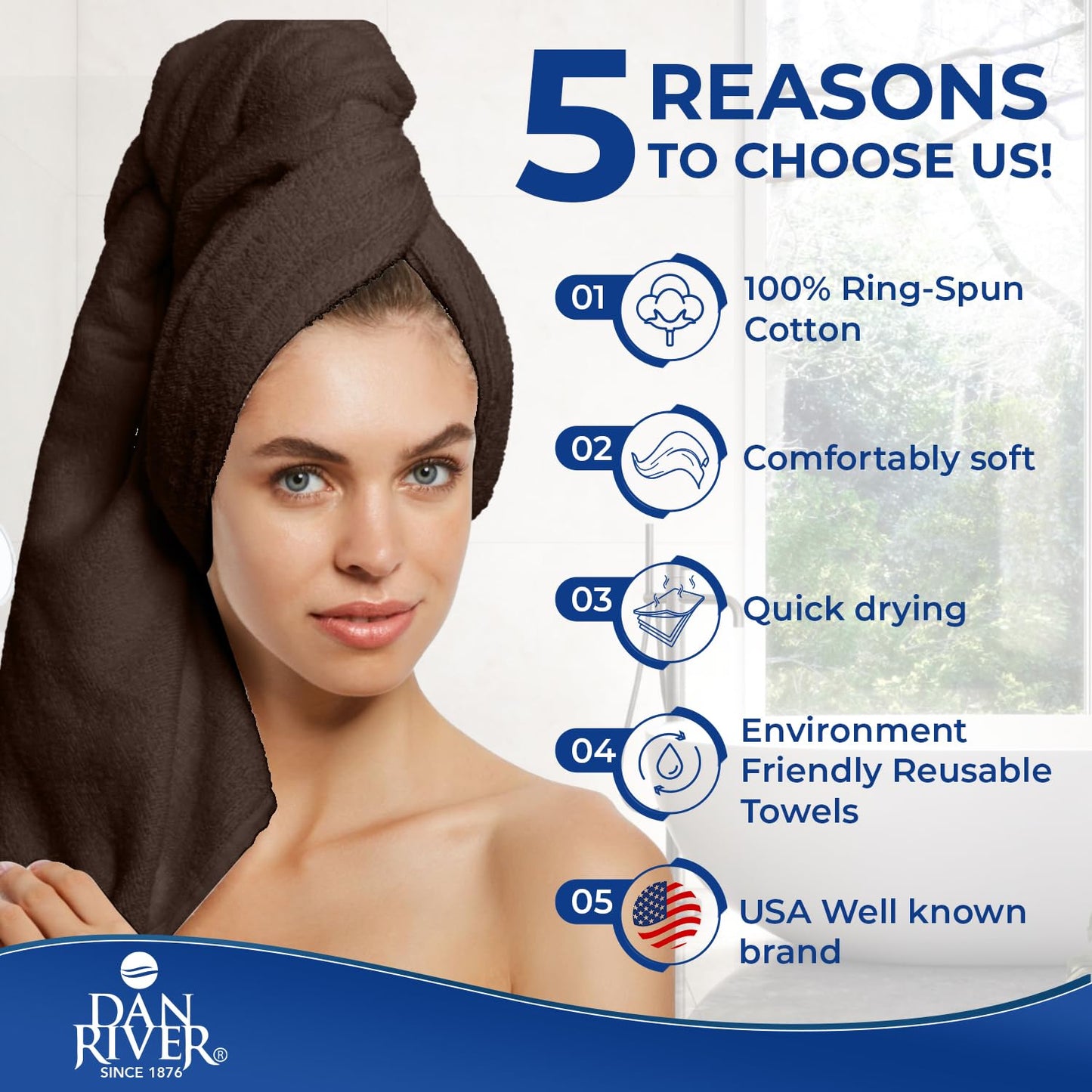 DAN RIVER 100% Ring Spun Cotton 8-Piece Towel Set, Brown, 2 Bath Towels, 2 Hand Towels and 4 Washcloths, 550 GSM - Soft and Absorbent for Bathroom, Spa, and Gym