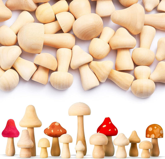 Vicenpal 40 Pcs Unfinished Wooden Mushroom Natural Mini Wood Mushrooms for Arts and Crafts, DIY Projects Ornaments Paint Color Home Desk Bookshelves Decoration