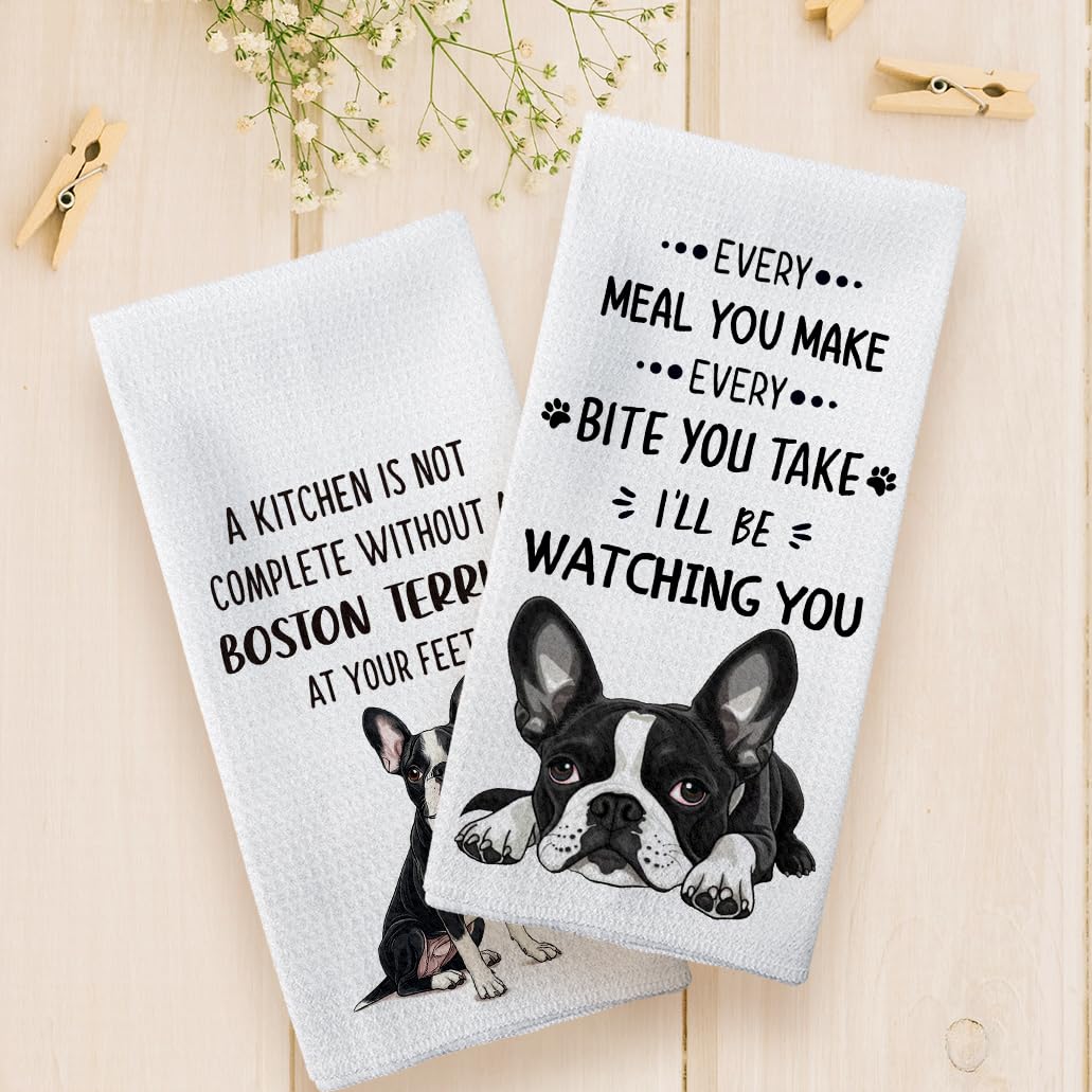 Tzhim Boston Terrier Gifts Kitchen Towels Set of 2, Boston Terrier Gifts for Women, Boston Terrier Decor Hand Towels, Boston Terrier Dog Tea Dish Towels for Kitchen, Dog Kitchen Decor, 16x24inch
