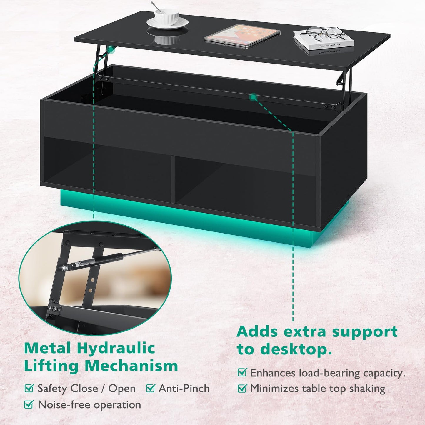 HOMMPA 40" Modern LED Coffee Table with Storage for Living Room, Lift Top Coffee Table with 2 Shelves, High Glossy Wooden Dining Table, Multifunctional Furniture for Bedroom Home Office, Black