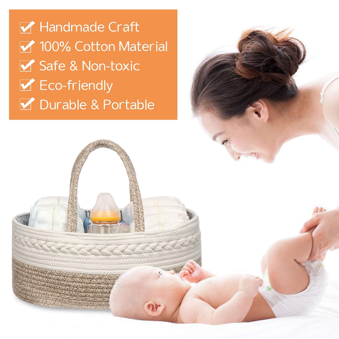 maxgoods Baby Diaper Caddy Organizer -100% Cotton Baby Basket Bin with Removable Divider -Portable Tote Bag Storage Basket for Boy & Girl Nursery Organization (White & Yellow Variegated)