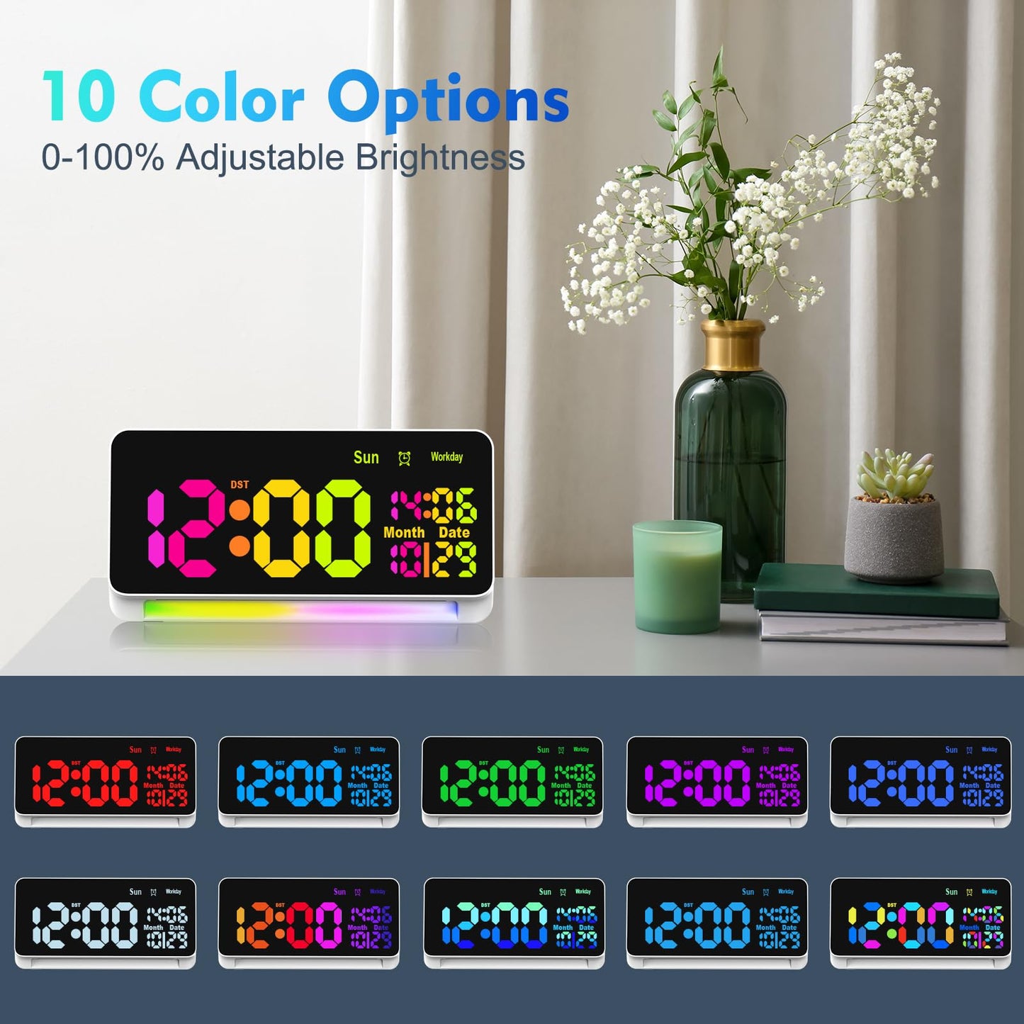 PERSUPER 120db Super Loud Alarm Clock for Heavy Sleepers, Bluetooth Connection, 15 Wake Up Sounds, 7 Color Night Light, Dynamic RGB Color Changing, 0-100% Dimmer, Snooze, Digital Clock for Bedroom