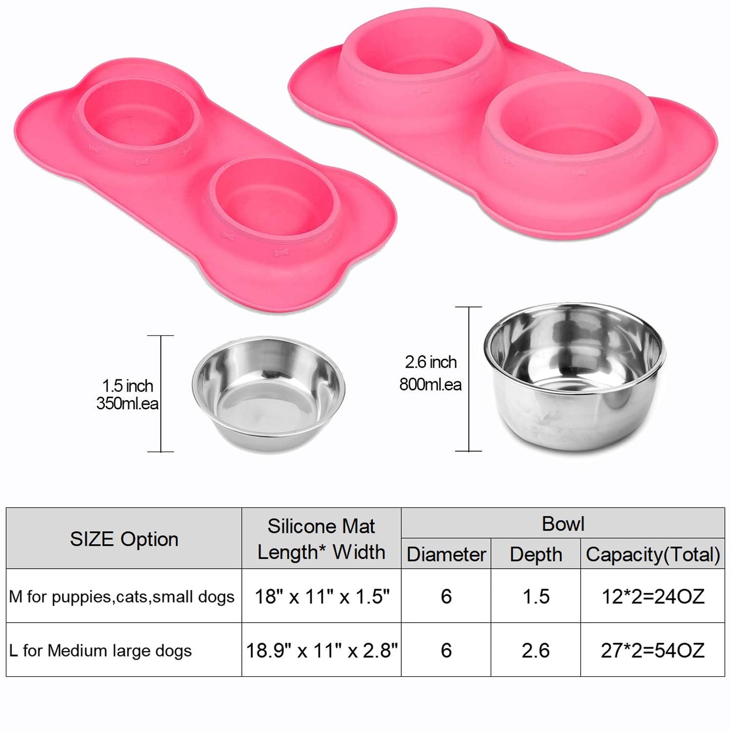 AsFrost Dog Food Bowls Stainless Steel Pet Bowls & Dog Water Bowls & Cat Bowls for Food and Water No-Spill Non-Skid Silicone Mat, Feeding Bowls with Dog Bowl Mat for Dogs Cat Dood Dish, Pink, 12oz