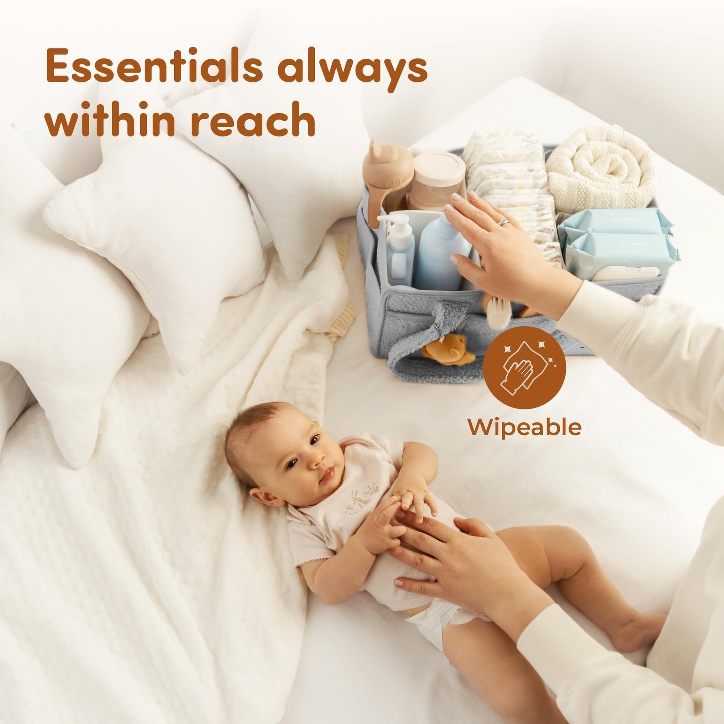 Sweety Fox Baby Diaper Caddy Organizer with Handle - Portable Sherpa Nursery Basket - Car Diaper Organizer, Cleaning Caddy, Gift for Baby Shower - Grey