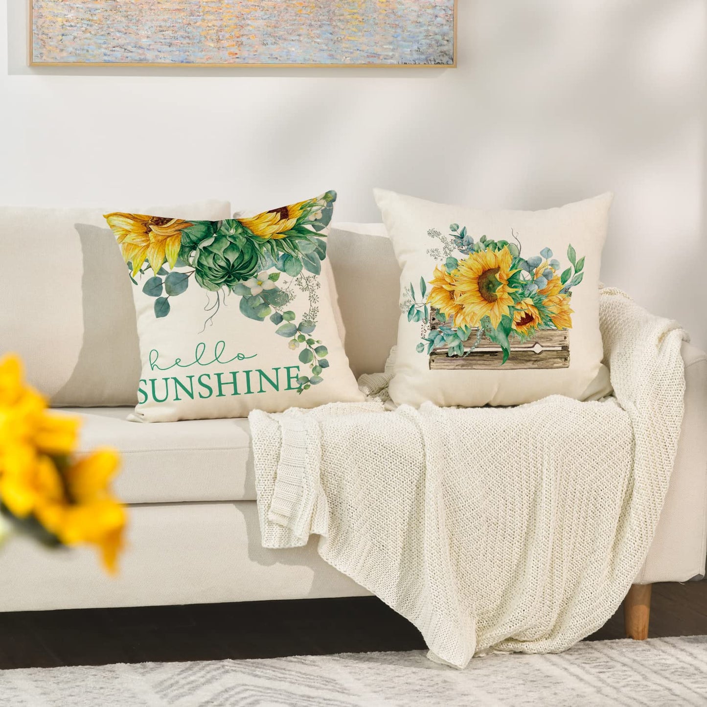 AVOIN Watercolor Sunflower Throw Pillow Cover, 18 x 18 Inch Eucalyptus Leaves Summer Holiday Party Cushion Case for Sofa Couch Set of 4