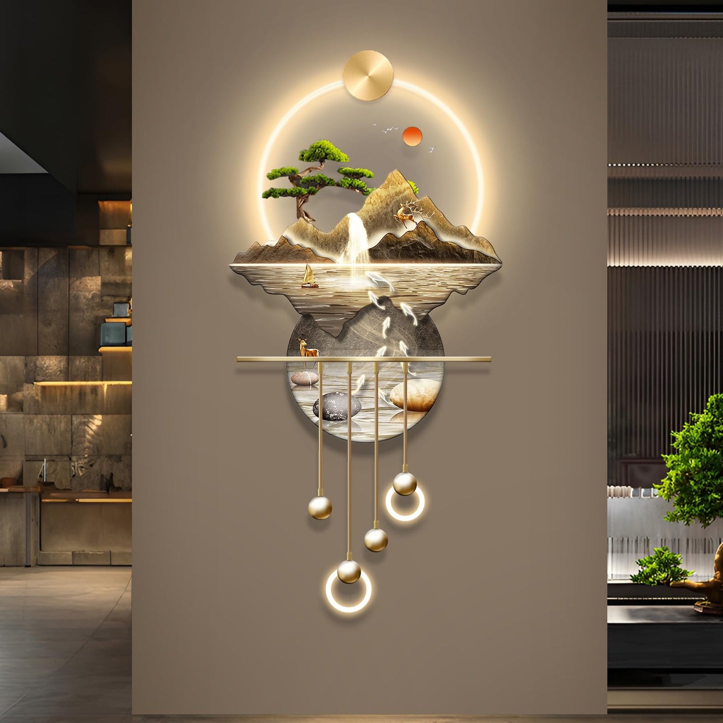 XQDYSG LED Light Decor Wall Art, 3D Art Wall Decor with Light, Decors Walls Sculptures Large 3D Art, Decors Walls Sculptures Lighting Modern, Plug-in Power Supply, Gold F, 23x53IN