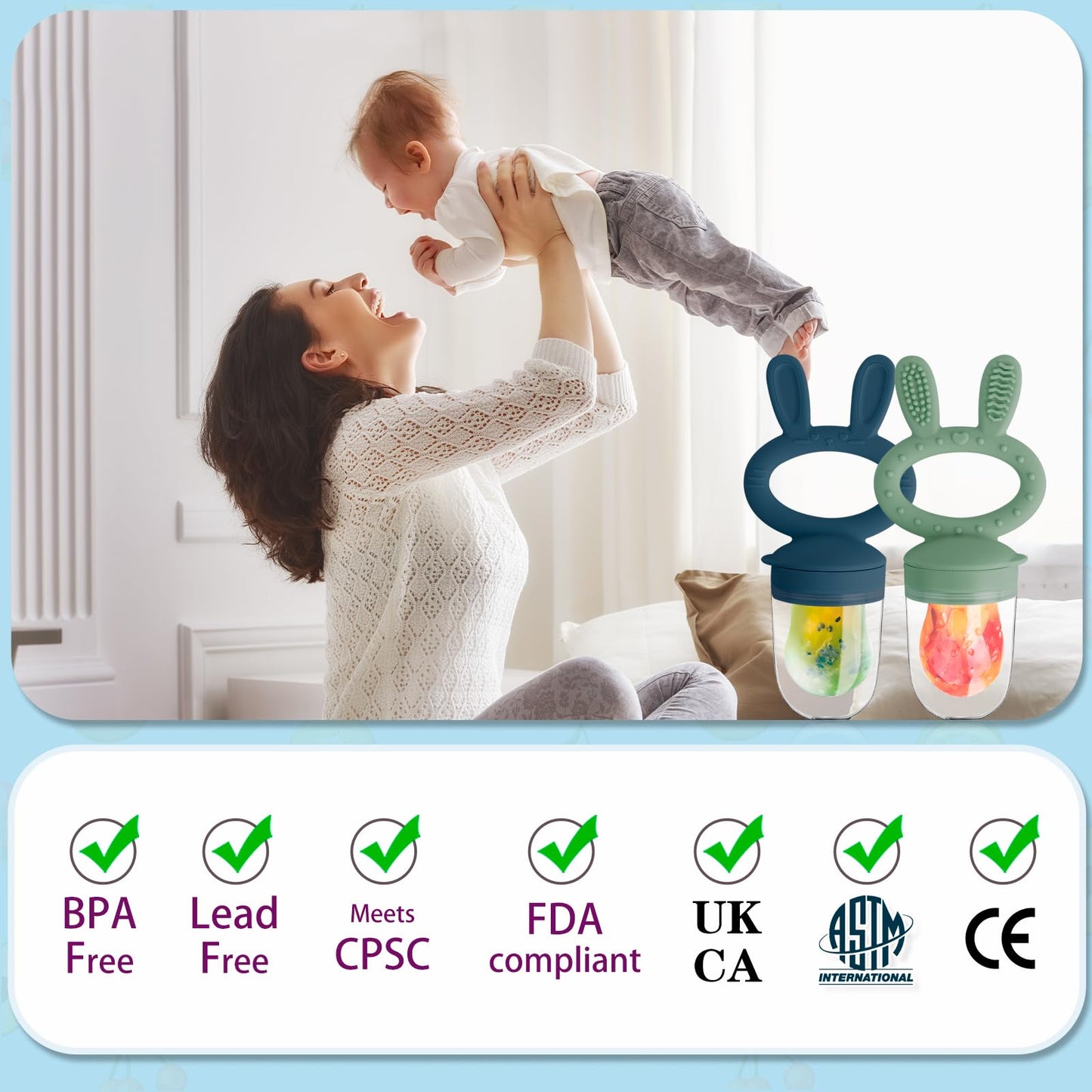 HAOBAOBEI Baby Solids/Frozen Fruit Feeder Pacifier, Infant Teether Toy 4M+, BPA-Free Silicone Pouch & Nipple, Safely Introduce Solids, Teething Relief, 2-Pack - Blue/Green (Rabbit)