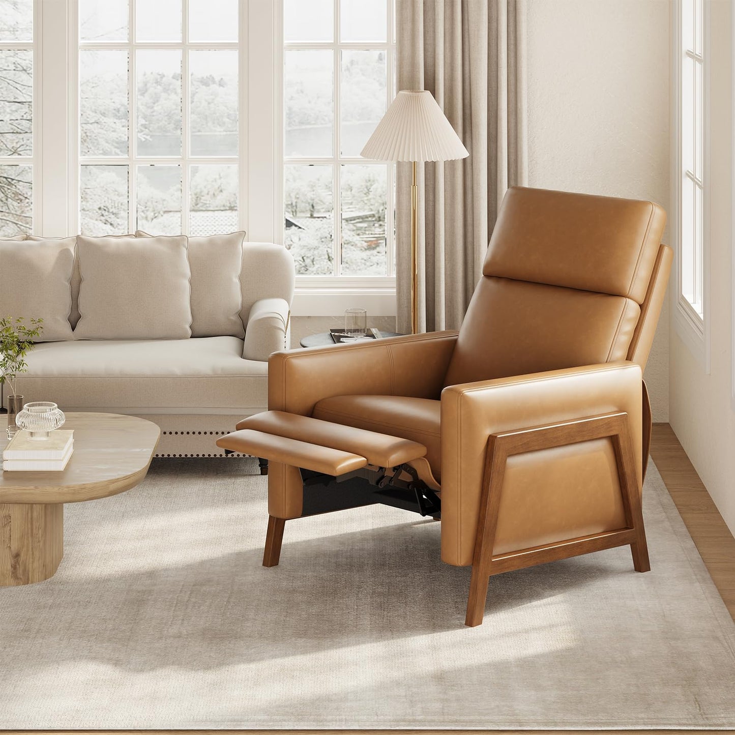 COLAMY Push Back Recliner Chair, Upholstered Leather Recliner with Footrest 118-150 Degree Adjustable, Comfy Modern Wingback Recliner for Living Room, Bedroom,Small Spaces,Camel