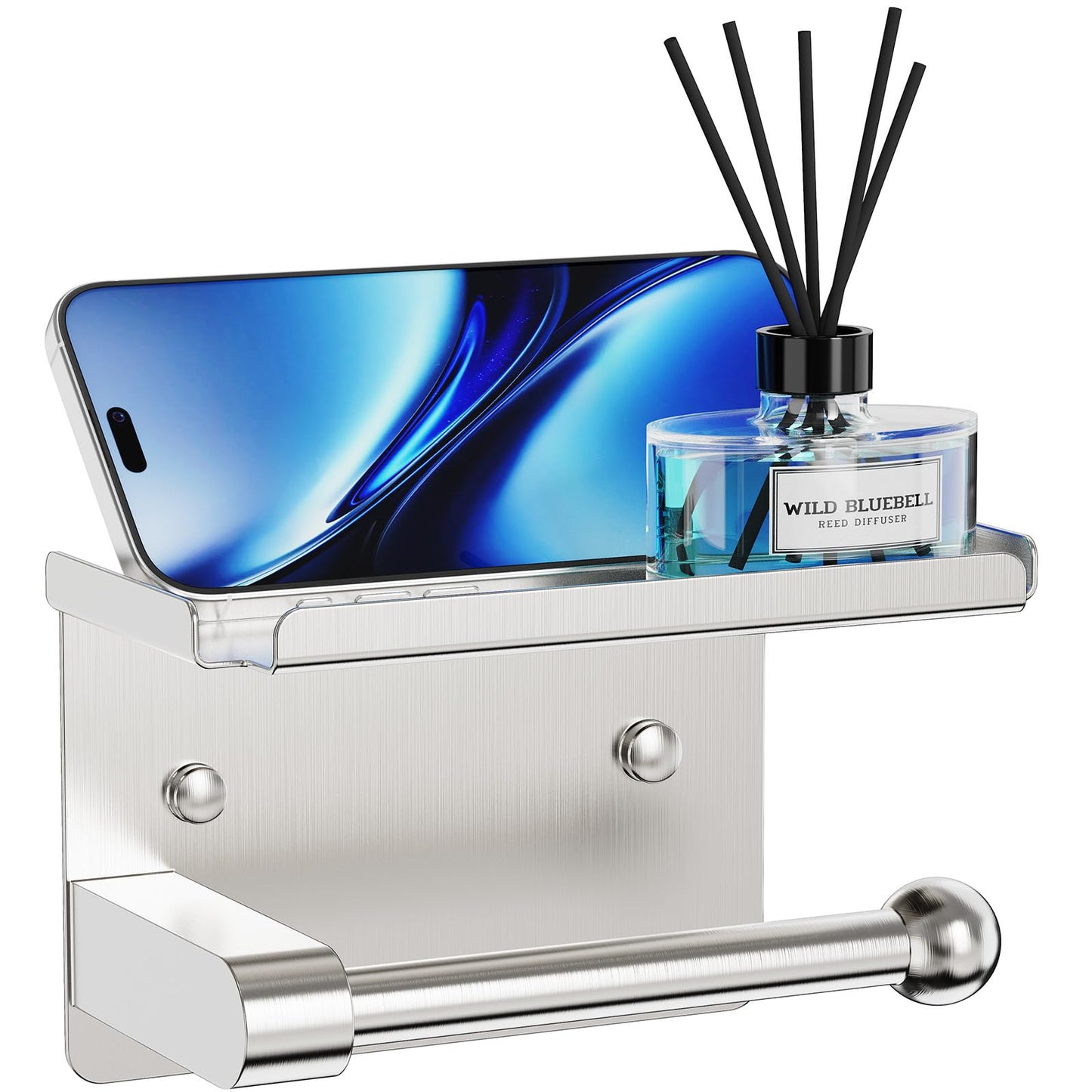 Metal Toilet Paper Holder with Shelf - Wall Mount, Rustproof, Adhesive & Screws Included, Toilet Tissue Roll Holder for Bathroom, Washroom Kitchen (Black)