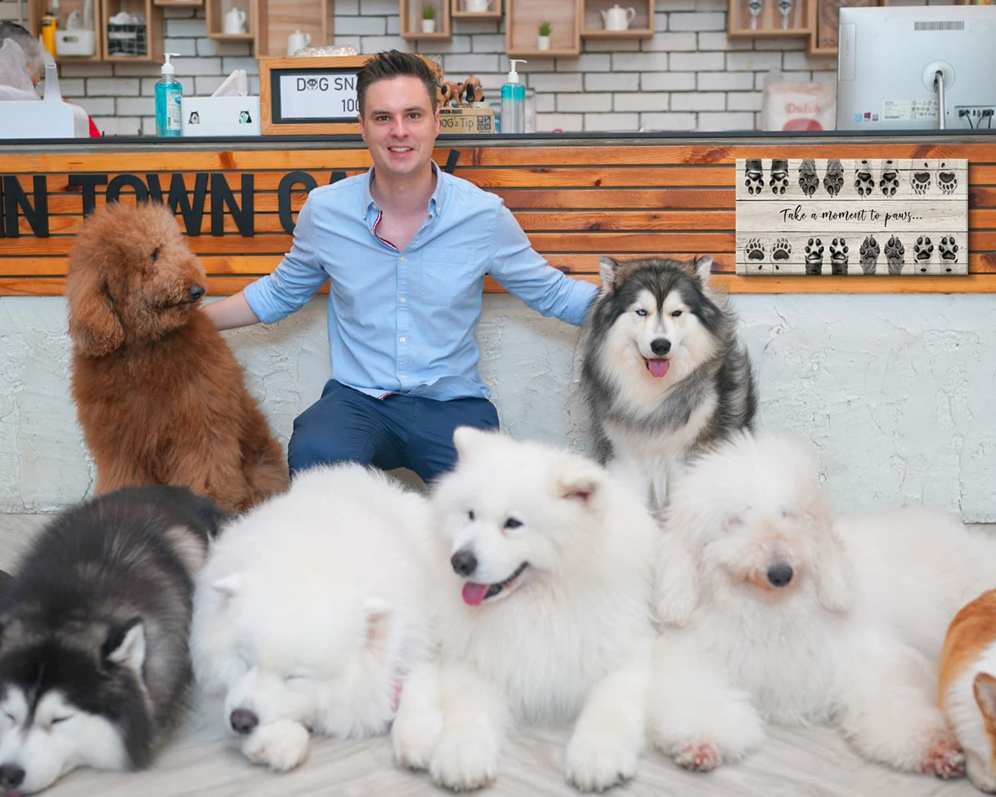 ARTINME Dog Lover Sign Wall Decor,Take A Moment to Paws Sign Pet Paw Print Artwork Footprints Canvas Wall Art,Framed Animal Prints Puppy Gifts for Front Door Home Decoration (Black)