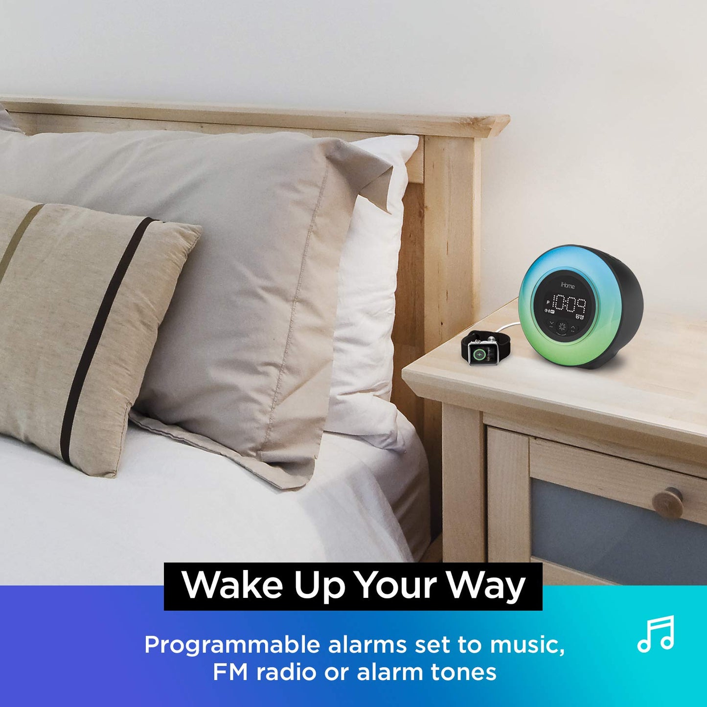 iHome PowerClock Glow Alarm Clock - Bluetooth Color Changing FM Clock Radio with USB Charging Port, Dimmable Display and 7-5-2 Dual Alarm - Perfect for Bedside Tables (Model iBT295)