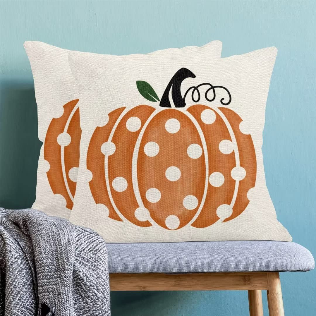 Fall Pumpkin Pillow Covers 18x18 Set of 2 Farmhouse Polka Dots Decorative Throw Pillow Outdoor Linen Square Autumn Thanksgiving Cushion Cover Decor for Home Couch Sofa