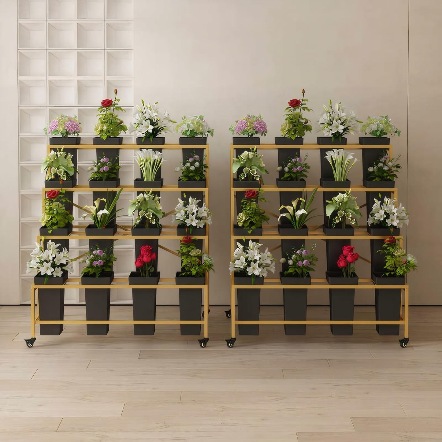 OMKUOSYA 4 Tier Flower Display Stand, Indoor And Outdoor Metal Flower Stand With Wheels, Plant Stand With 16pcs Buckets For Florist Garden Patio(Gold rack and black barrel)