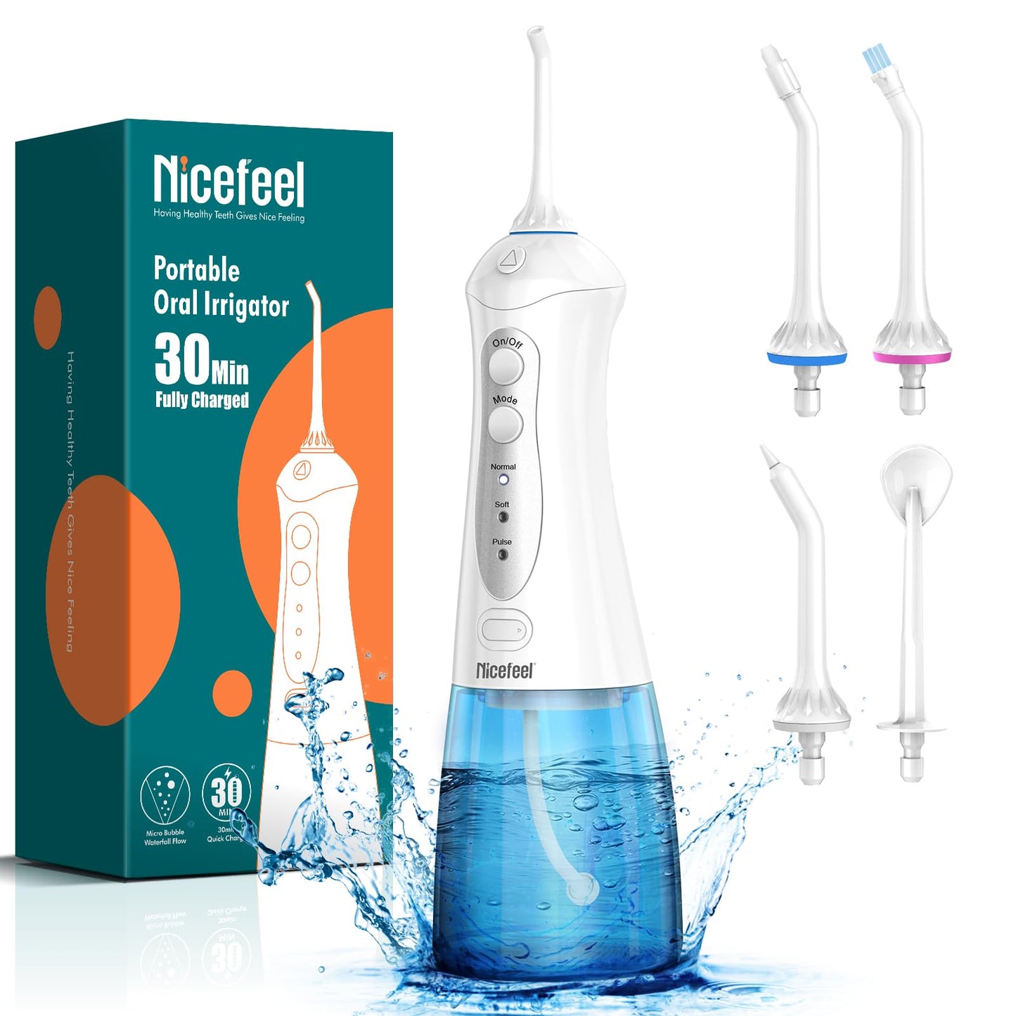 Nicefeel Water Dental Flosser Teeth Pick - Fast Charge Cordless Teeth Cleaner, 3 Modes Portable Oral Irrigator, IPX7 Waterproof Electric Water Dental Flosser for Tonsil Stone, 300ML Tank（Blue White）