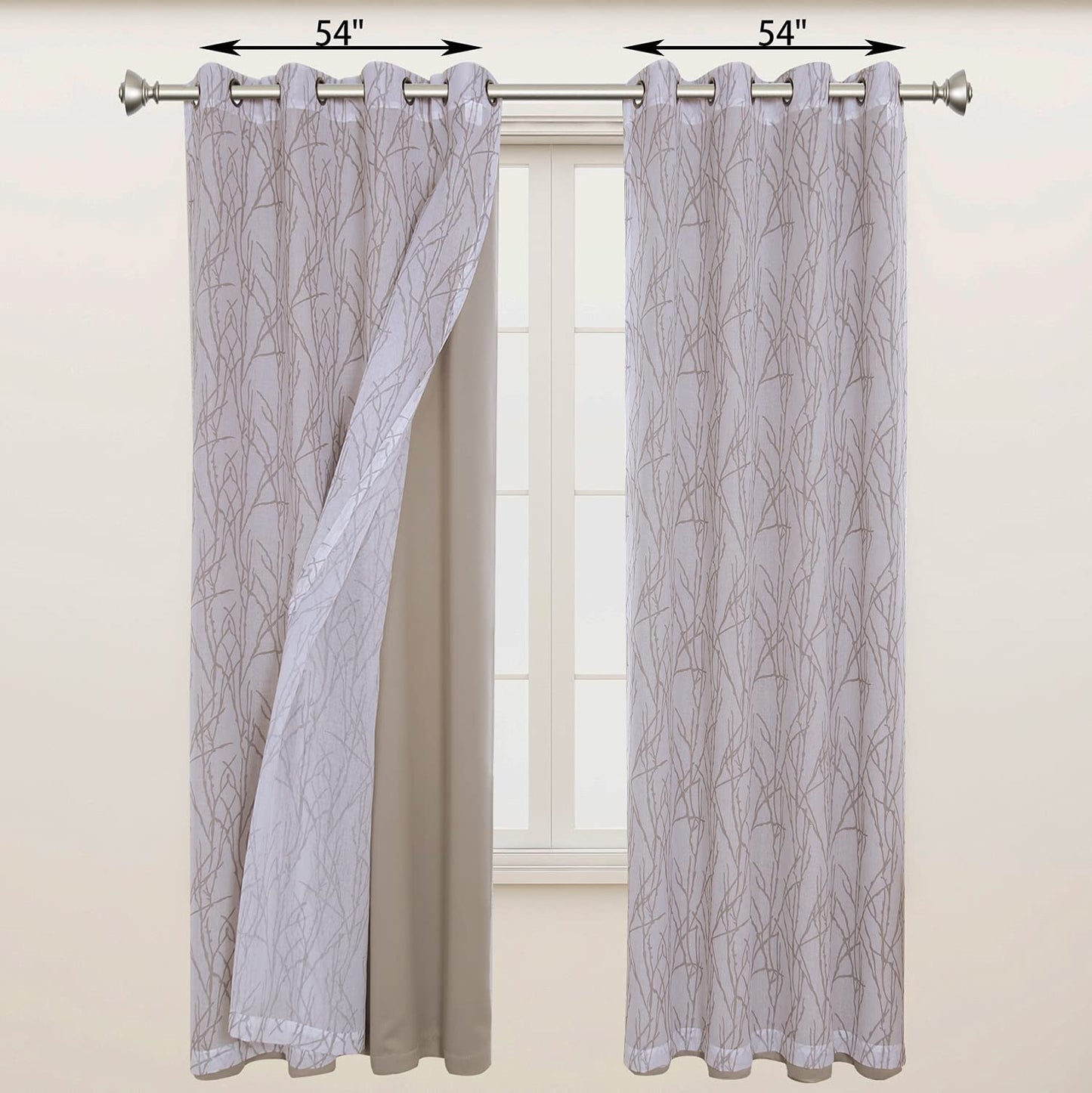 BONZER Mix and Match Curtains - 2 Pieces Branch Print Sheer Curtains and 2 Pieces Blackout Curtains for Bedroom Living Room Grommet Window Drapes, 54x84 Inch/Panel, Taupe, Set of 4 Panels