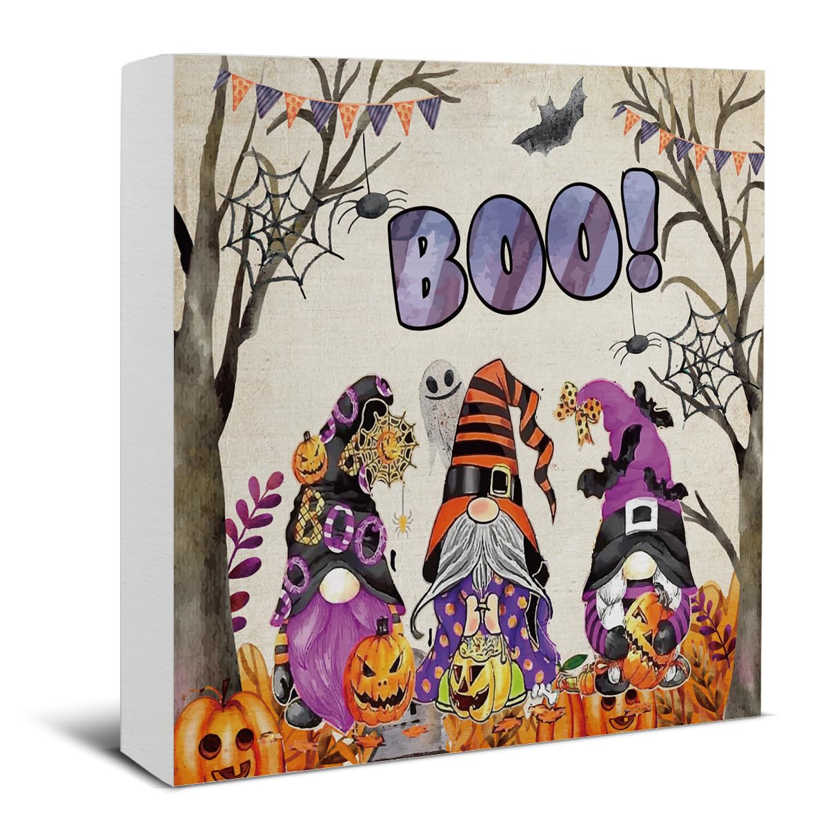Halloween Decorations, Boo Gnomes Wooden Sign Decor Desk Sign Spooky Pumpkins Wooden Block Sign Halloween Home Decor for Table Shelf 5 x 5 Inch