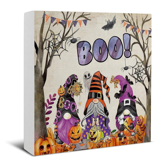Halloween Decorations, Boo Gnomes Wooden Sign Decor Desk Sign Spooky Pumpkins Wooden Block Sign Halloween Home Decor for Table Shelf 5 x 5 Inch