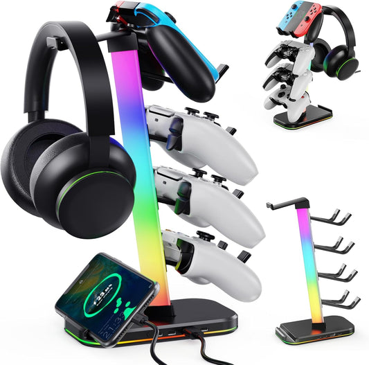 Gaming Headphones Stand with Charging Station, RGB Headset Stand with 10 Light Modes, 4 Controller Holder with 1 USB & 2 Type-C Charging Ports - Earphone Hook for PC Desktop Gamer Accessories Storage