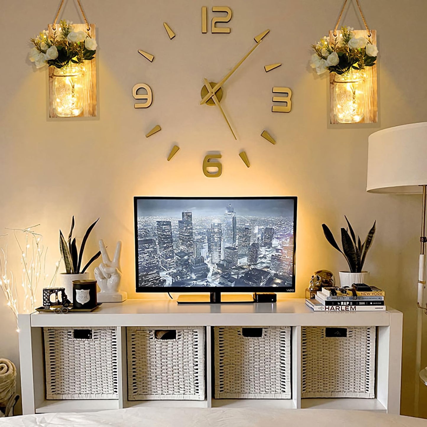 YI LIGHTING Set of 2 Rustic Wall Sconces - Mason Jars Sconce, Rustic Home Decor, Wrought Iron Hooks with LED Fairy Lights for Home Decoration Gift (White)