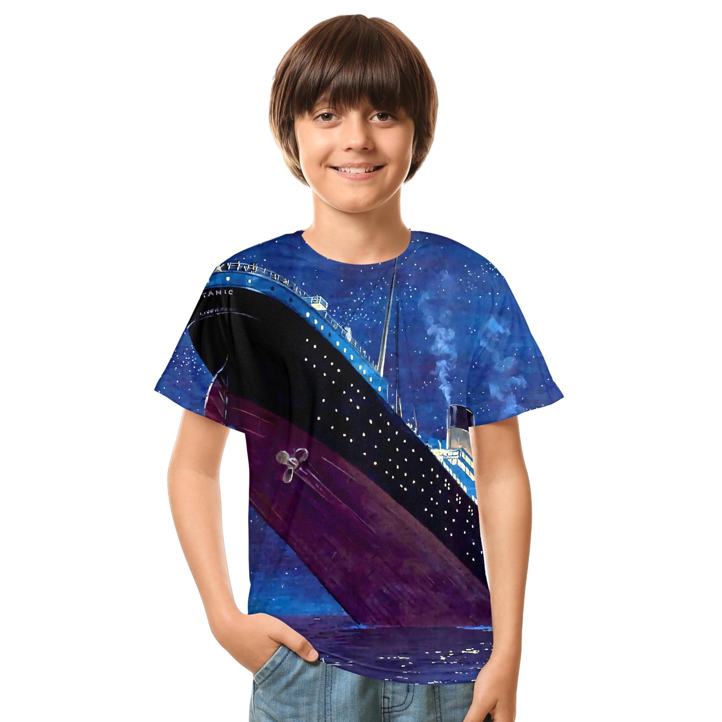 Boys' Nautical Adventure Tee, 3D Graphic Full Print Cruise Ship Crew T-Shirt for Ages 8-16 Teenager Kids, Ideal for Daily Wear and Ocean Themed Party Birthday Short Sleeve Blue Tops XS